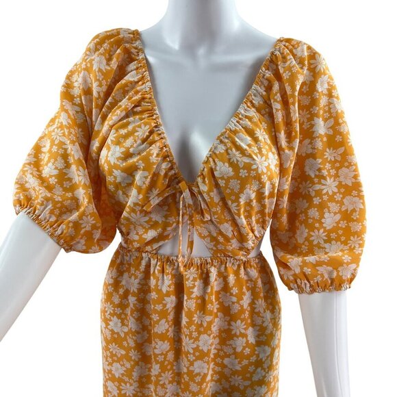 Pink Lily Womens 3XL Yellow Floral Puff Sleeve Cutout Dress Stretchy Resort Wear - Picture 4 of 16